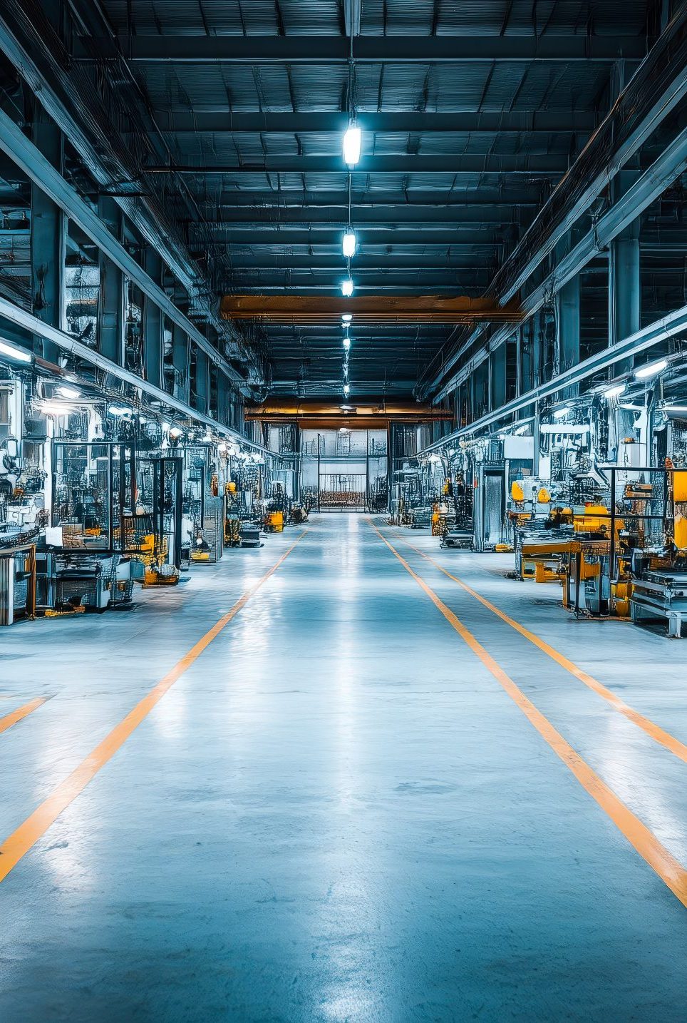 a modern factory floor with high tech equipment, automated machines, production lines, bright led lighting, and orange safety lanes, creating an efficient industrial environment.
