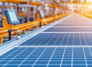 solar panel production line in a bright industrial setting.